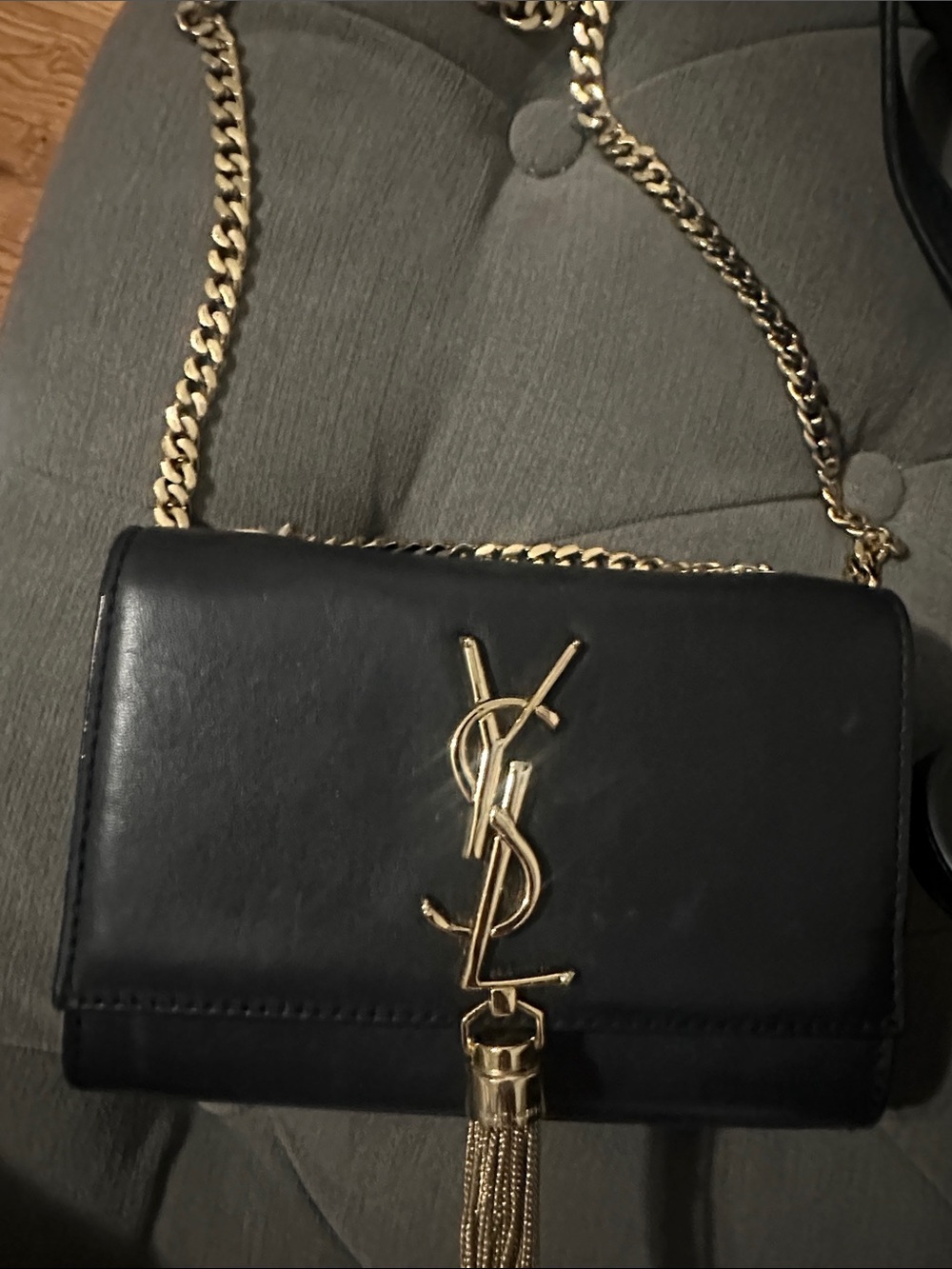 Black Leather Crossbody Bag with Gold Tassel